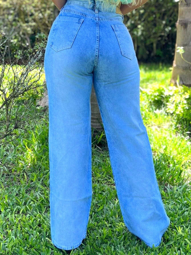 Calça Jeans Feminina WideLeg Abertura Lateral Modelo Tendência