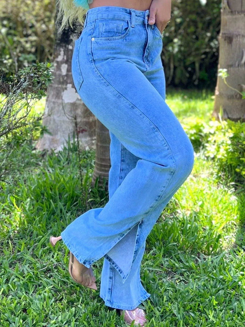 Calça Jeans Feminina WideLeg Abertura Lateral Modelo Tendência